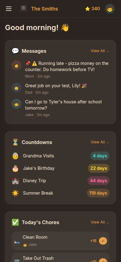 SmartFamily's phone dashboard, showing family messages, countdowns, and chores
