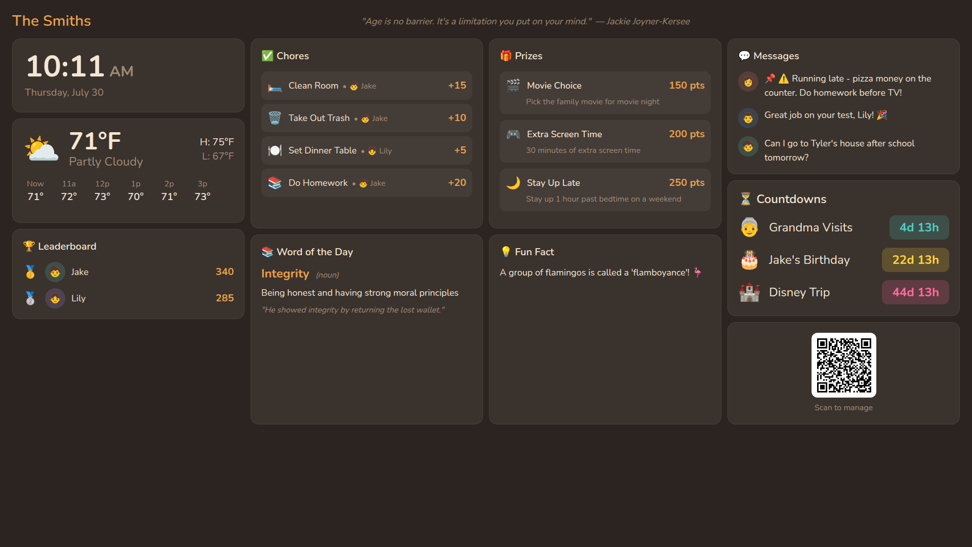 SmartFamily dashboard running on a real TV, showing chores, weather, leaderboard, prizes, messages, and countdowns
