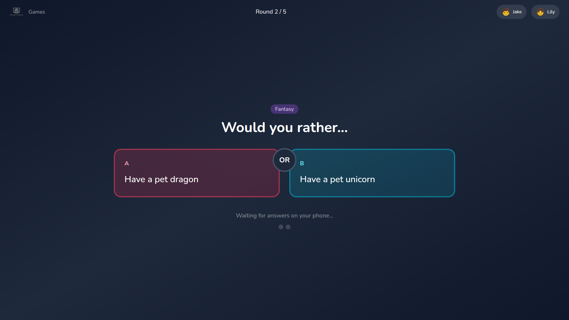 A live round of Would You Rather being played on the SmartFamily TV app, with two players' scores shown